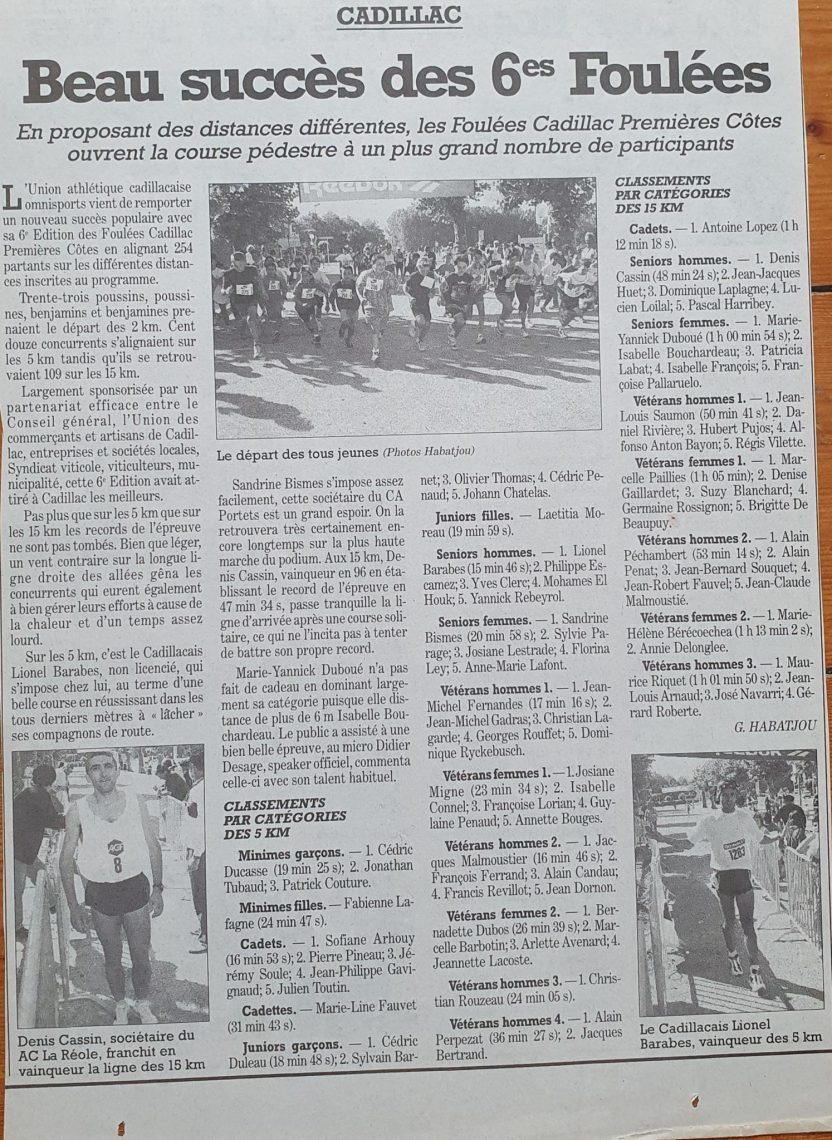 Article de Presse journal Sud-Ouest course 6èmes Foulées Cadillac Premières Côtes 24 mai 1998. Sylvain Barnet. French-running.com