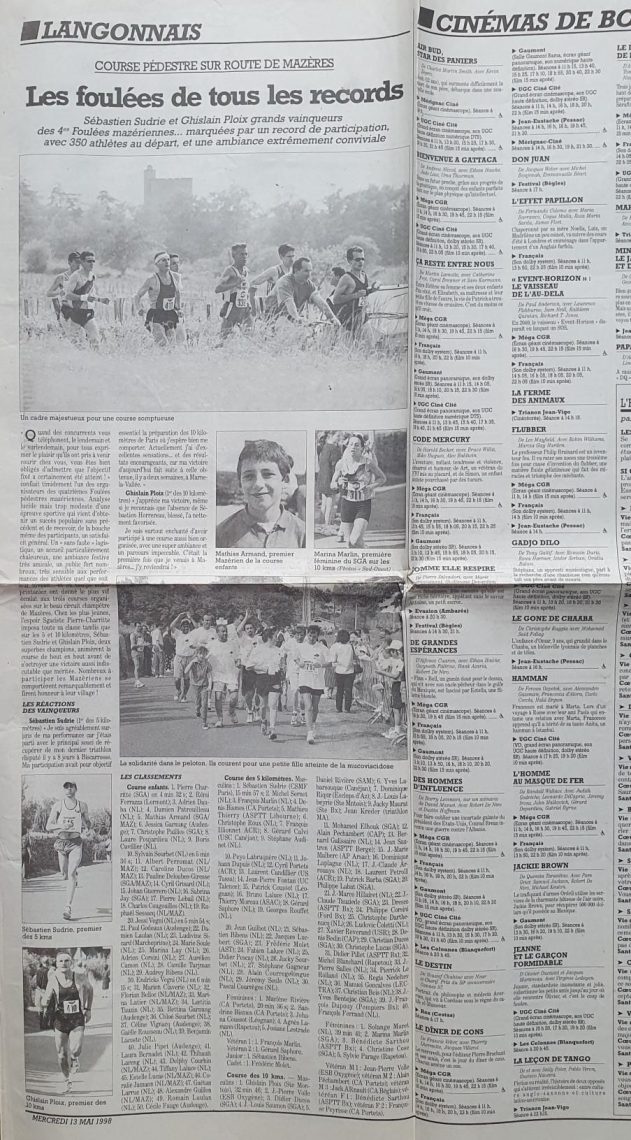 Journal Sud-Ouest 13 mai 1998 Les Foulées Mazériennes 13 mai 1998. Sylvain Barnet. French-running.com